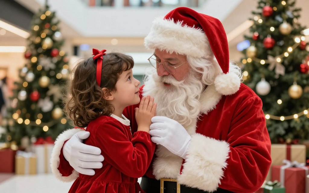Criança emocionada encontrando Papai Noel pela primeira vez em shopping center