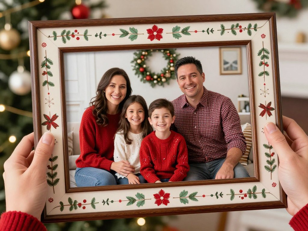 Foto souvenir impressa em moldura temática de Natal sendo segurada por família feliz