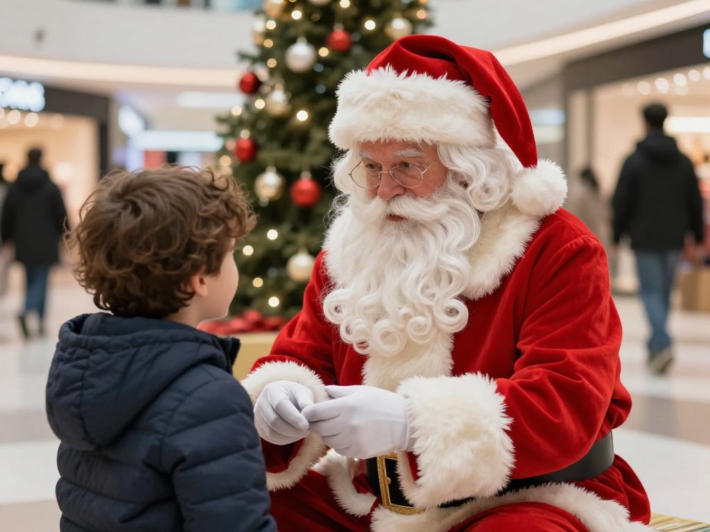 Papai Noel conversando afetuosamente com criança durante sessão de fotos em shopping
